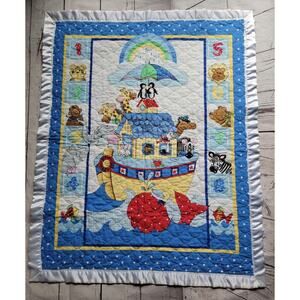 Noahs Ark Baby Crib Blanket Quilted Animals Numbers Colorful 34" x 42" Vintage